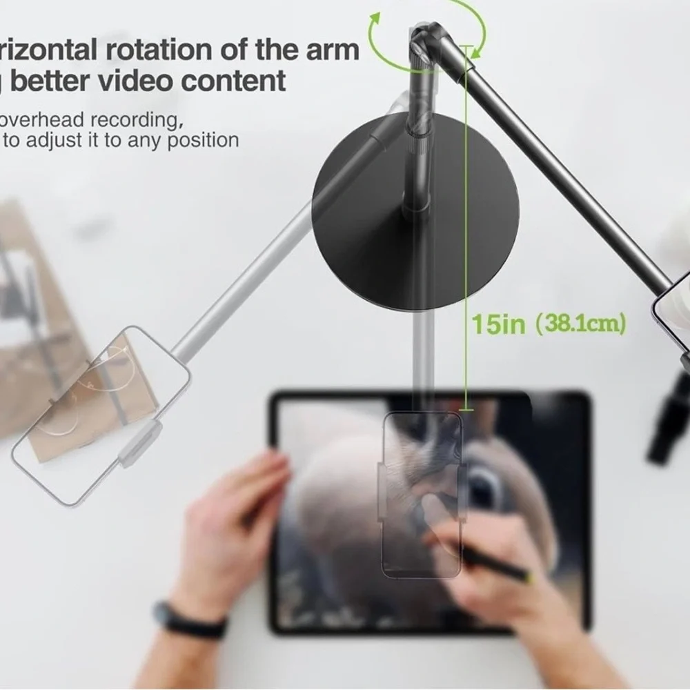 Elitehood Overhead Stand, 15 in Long Arm iPhone Holder 360 Degrees Swivel Tilt